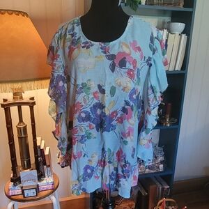 Plus Size Floral Ruffle Sleeve Blouse
